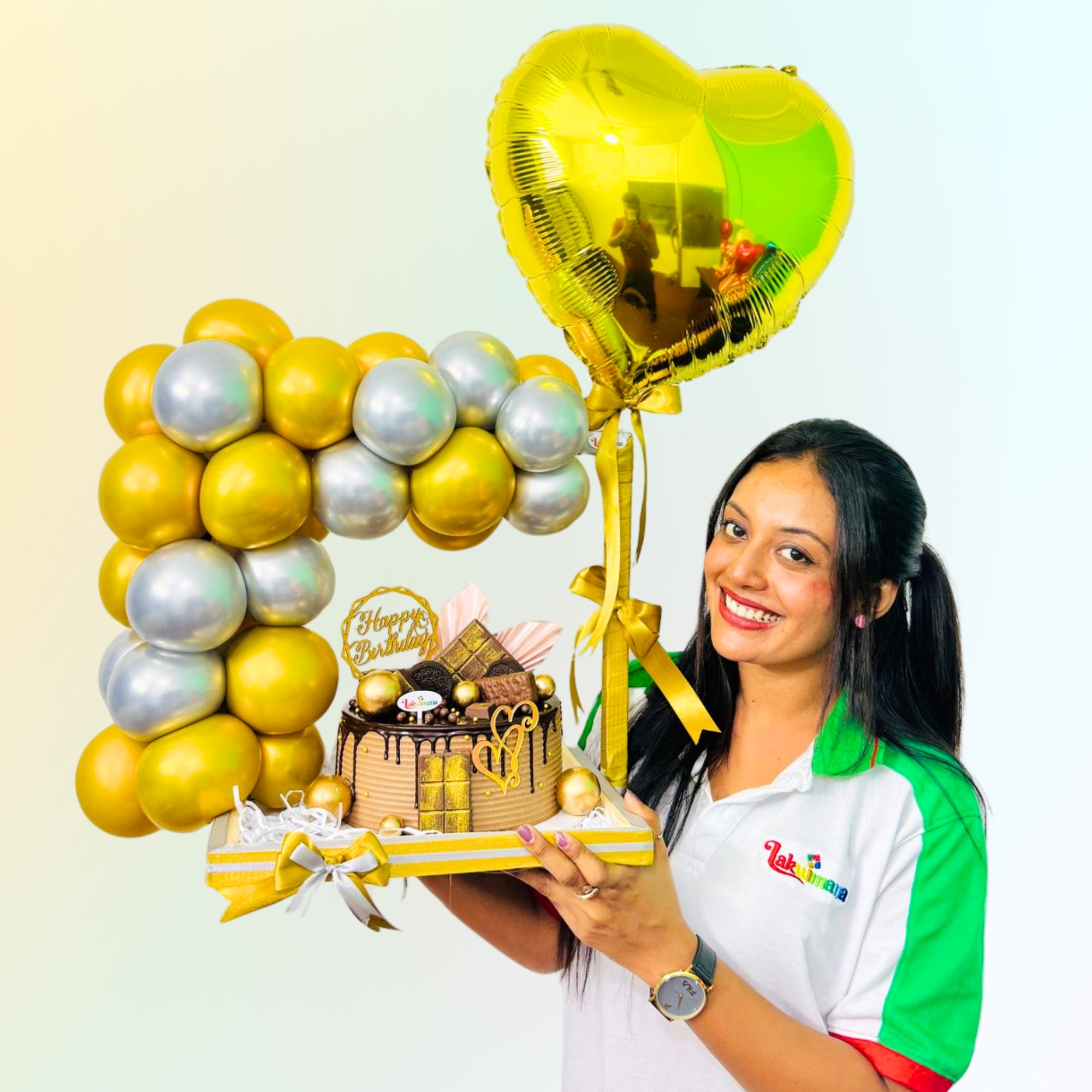 Golden Glow Balloon Hamper With Cake